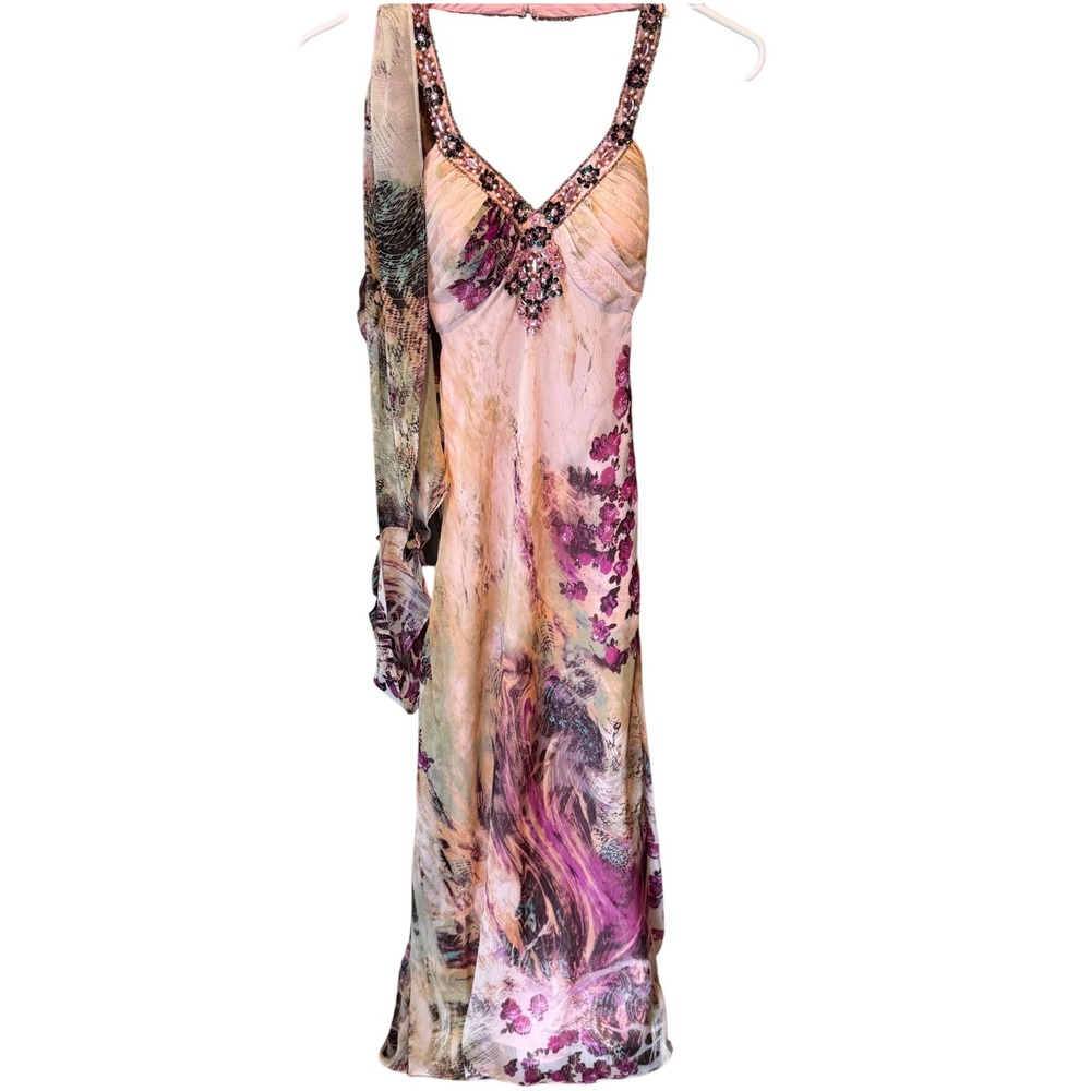 Y2K Vintage Beaded Fairy Faviana Prom Dress Size 0 Pink‎ Floral Open Back Scarf